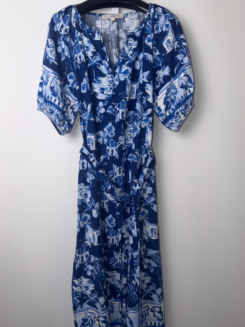 LOFT Blue & White Floral Maxi Dress with Tie Waist